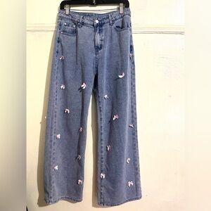 Blue Floral Embellished Wide Leg Jeans